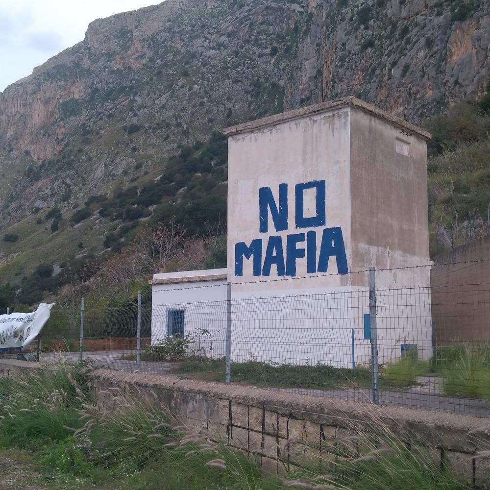 No Mafia sign in Capaci, at the place where the bomb that killed Falcone was detonated from